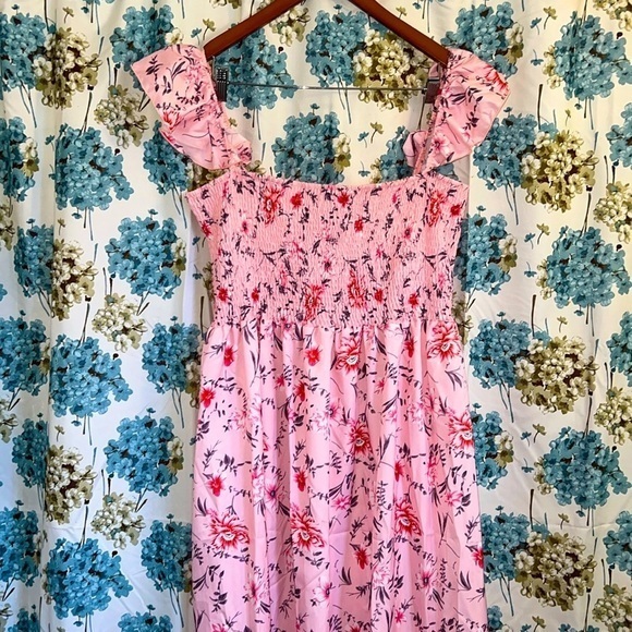Pink floral ruffle shoulder smocked maxi dress - Picture 1 of 6